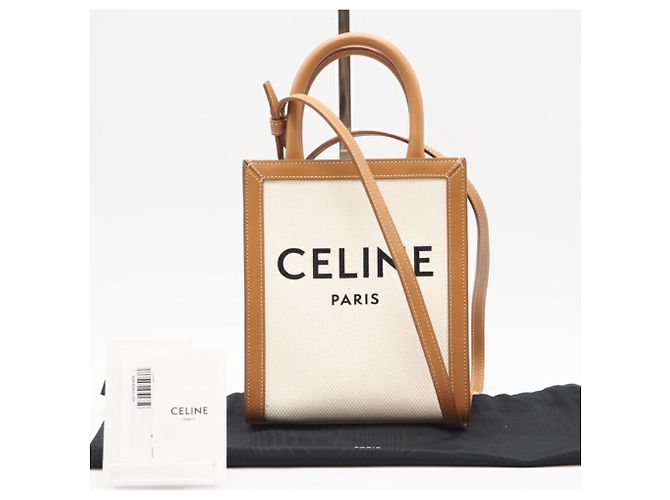 Céline Borsa a spalla cabas verticale mini in tela Celine Marrone Bianco - vista 2