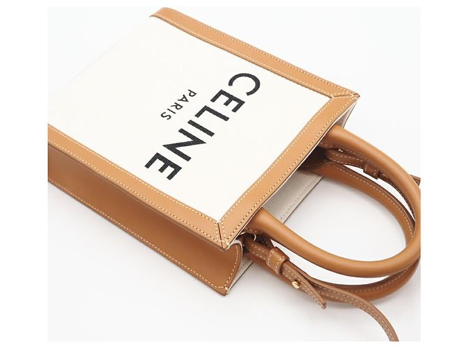 Céline Borsa a spalla cabas verticale mini in tela Celine Marrone Bianco - vista 3