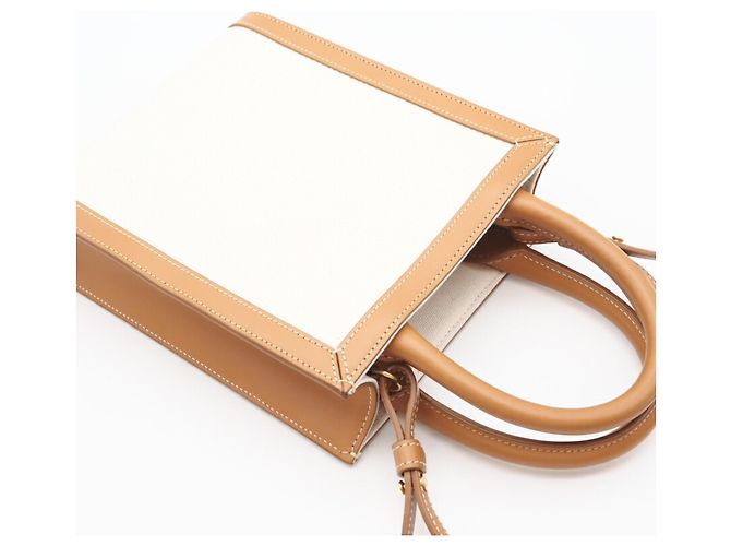 Céline Borsa a spalla cabas verticale mini in tela Celine Marrone Bianco - vista 4