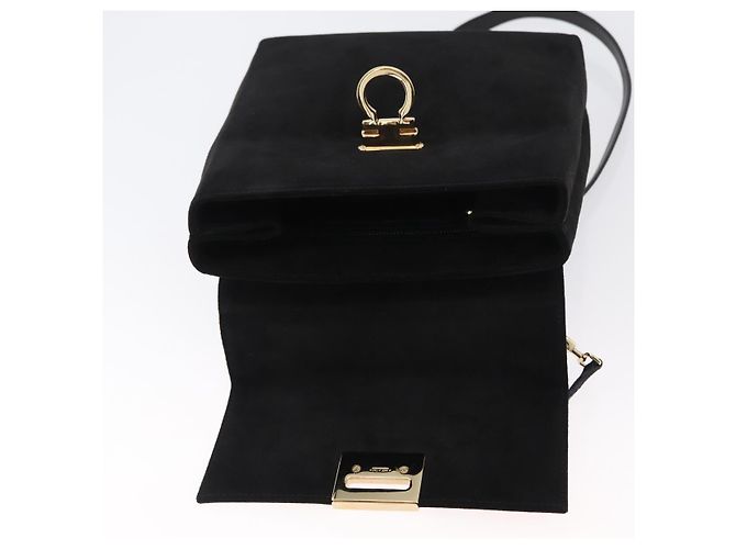 Borsa a mano Gancini in suede Salvatore Ferragamo 2 in 1 Nero Oro Auth 173432 - vista 17