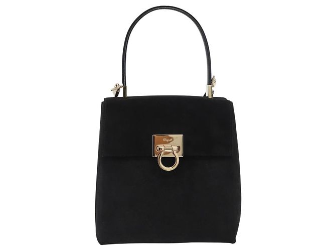 Borsa a mano Gancini in suede Salvatore Ferragamo 2 in 1 Nero Oro Auth 173432 - vista 2