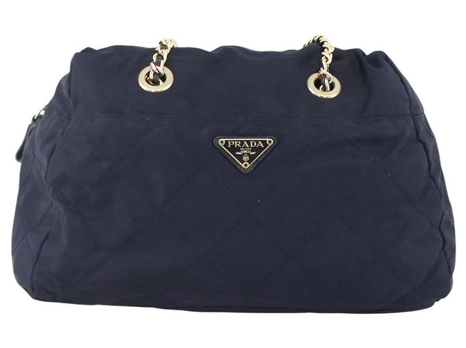 Borsa a Spalla con Catena Prada in Nylon Blu Navy e Oro Auth bs33521 D'oro - vista 2
