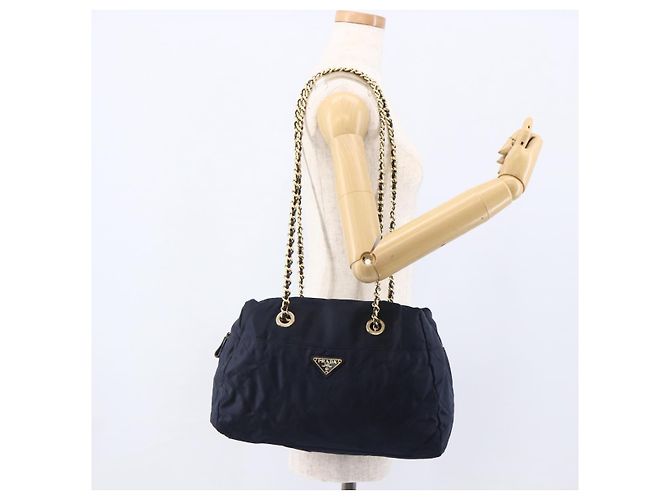Borsa a Spalla con Catena Prada in Nylon Blu Navy e Oro Auth bs33521 D'oro - vista 23
