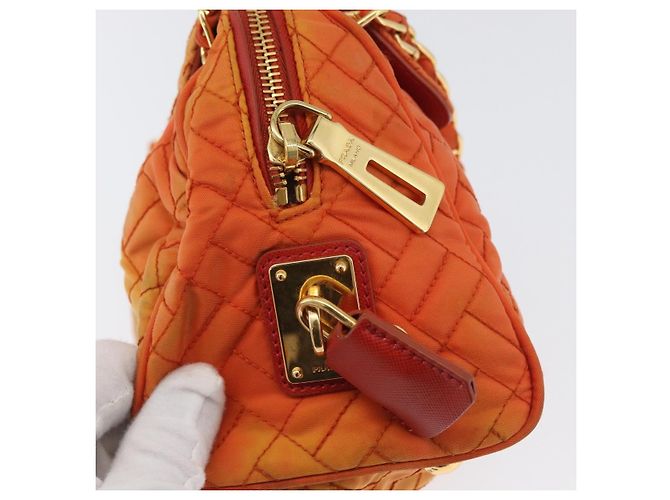 PRADA Borsa a Spalla Trapuntata con Catena Nylon Arancione Oro Auth BA11028 D'oro - vista 14