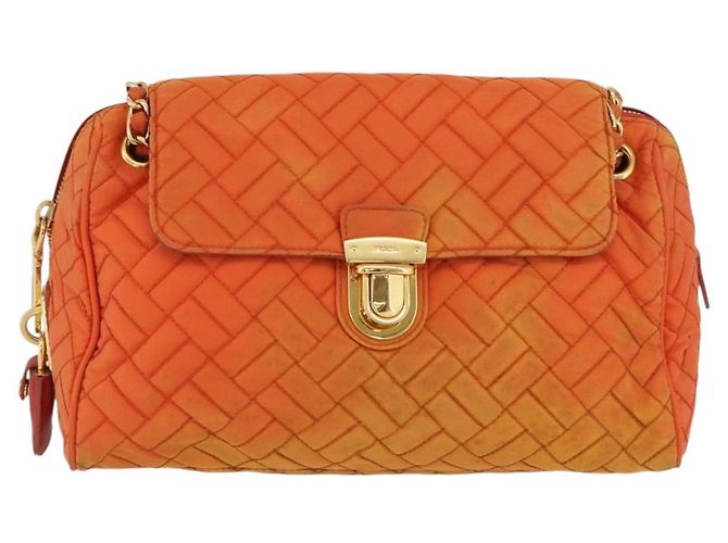 PRADA Borsa a Spalla Trapuntata con Catena Nylon Arancione Oro Auth BA11028 D'oro - vista 2
