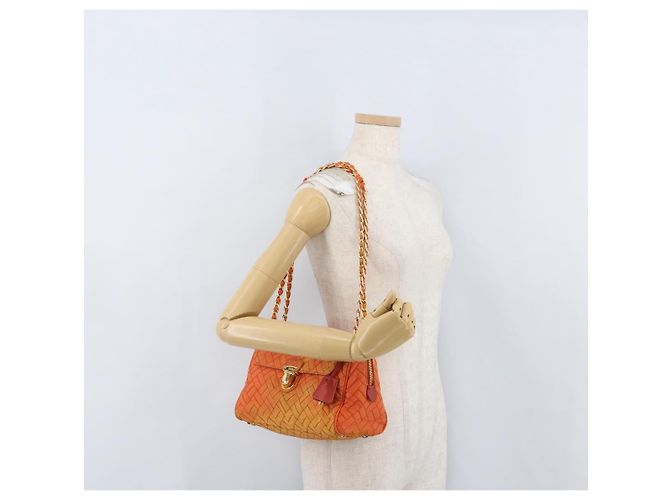 PRADA Borsa a Spalla Trapuntata con Catena Nylon Arancione Oro Auth BA11028 D'oro - vista 24