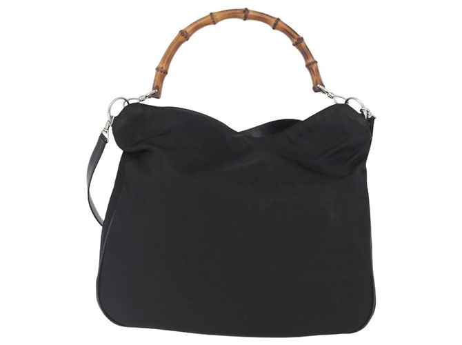 Borsa a mano in nylon Gucci Bamboo 2 vie nera argento 001 1998 1577 Auth ep13375 Nero - vista 2