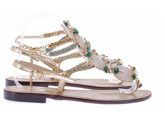 Autre Marque CR DA COSTANZO Jewel and Stone Leather Sandals Brown - view 2