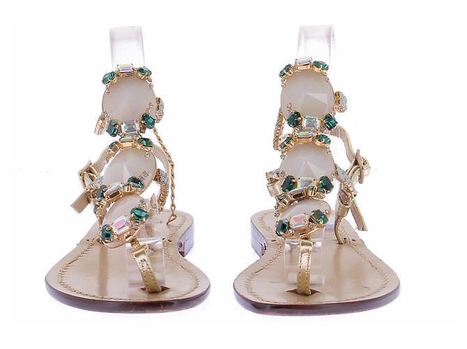 Autre Marque CR DA COSTANZO Jewel and Stone Leather Sandals Brown - view 4