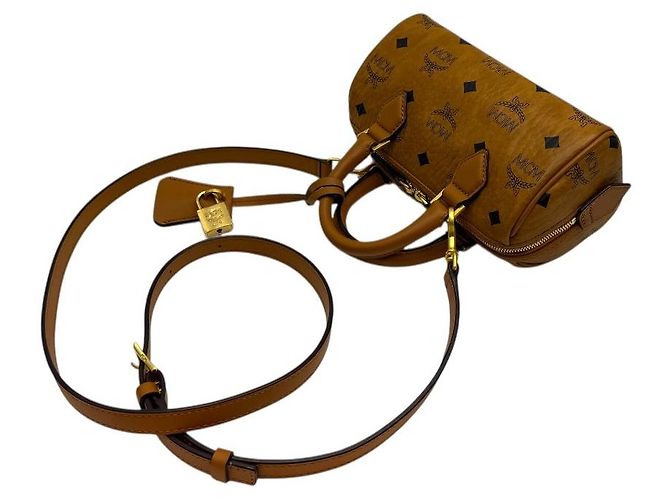 MCM Bolsa Boston Mini Ella Visetos Cognac Marrom - vista 6