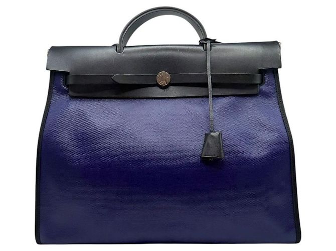 Hermès Bolsa Erbag Celie Berlin em tecido revestido azul ecru preto - vista 2