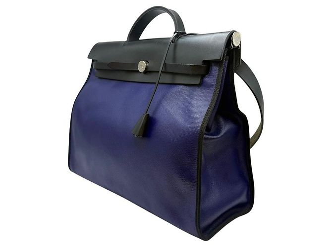 Hermès Bolsa Erbag Celie Berlin em tecido revestido azul ecru preto - vista 3