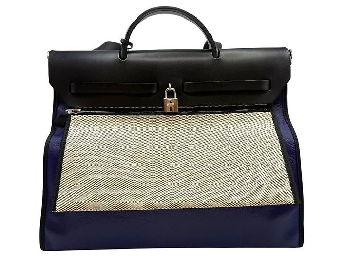Hermès Bolsa Erbag Celie Berlin em tecido revestido azul ecru preto - vista 4