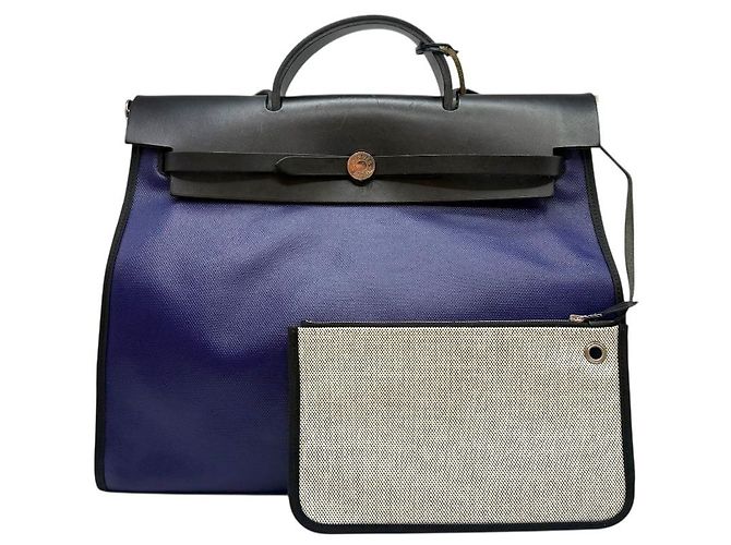 Hermès Bolsa Erbag Celie Berlin em tecido revestido azul ecru preto - vista 9