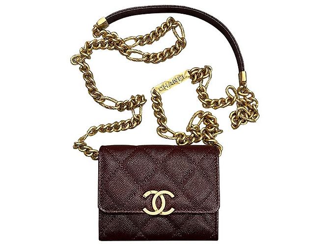 Chanel Tarjetero de cadena con logo CC en caviar burdeos Roja - vista 11