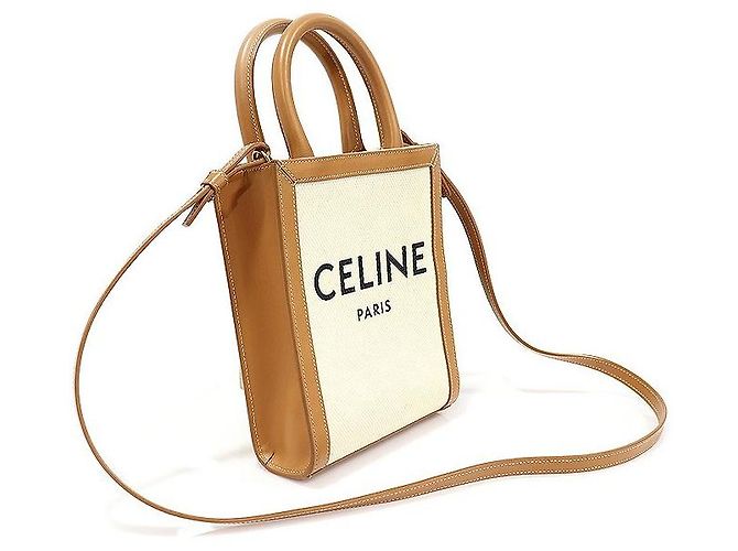 Céline Cabas Mini Vertical em Couro de Bezerro Tan em Lona de Algodão Natural Marrom - vista 2