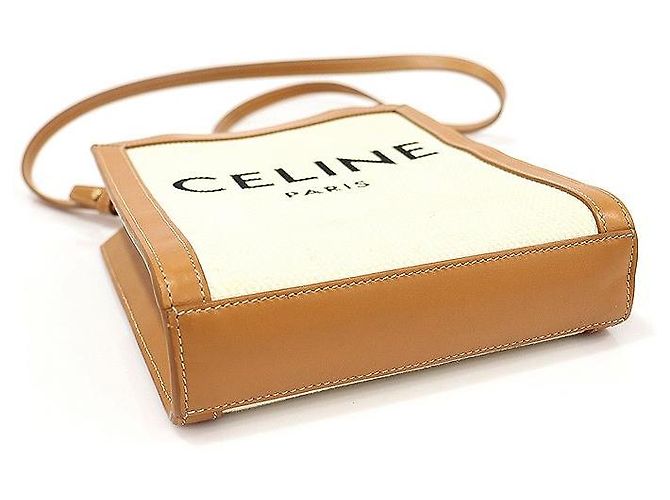 Céline Cabas Mini Vertical em Couro de Bezerro Tan em Lona de Algodão Natural Marrom - vista 4