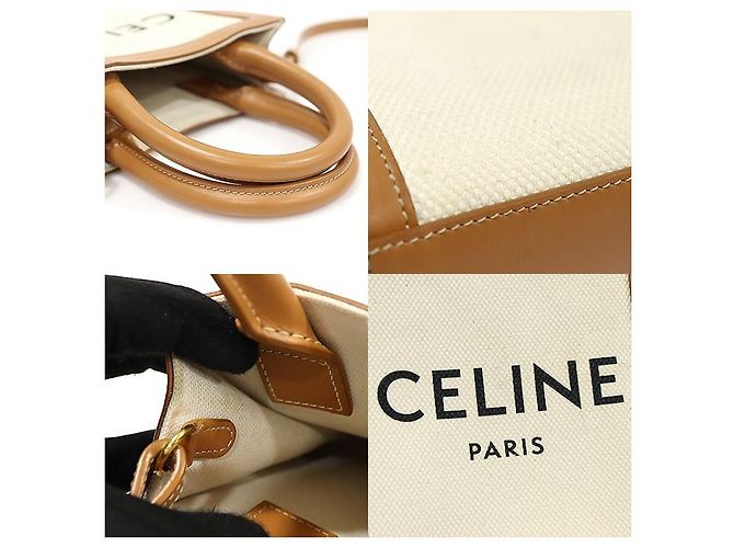 Céline Cabas Mini Vertical em Couro de Bezerro Tan em Lona de Algodão Natural Marrom - vista 7