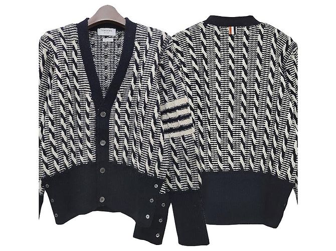 Thom Browne Zweifarbiger Kabelstrick-Cardigan mit diagonaler Träger Douni Blau - Ansicht 13