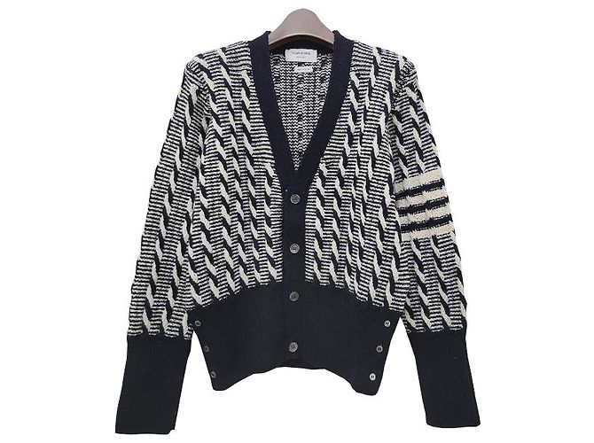 Thom Browne Zweifarbiger Kabelstrick-Cardigan mit diagonaler Träger Douni Blau - Ansicht 14