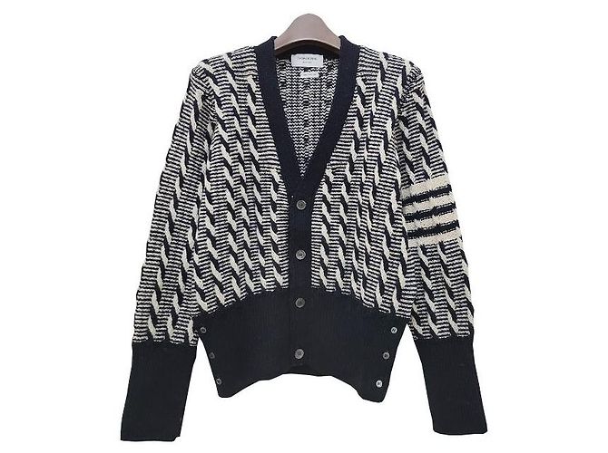 Thom Browne Zweifarbiger Kabelstrick-Cardigan mit diagonaler Träger Douni Blau - Ansicht 2