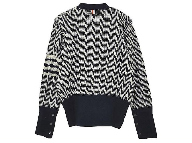 Thom Browne Zweifarbiger Kabelstrick-Cardigan mit diagonaler Träger Douni Blau - Ansicht 3