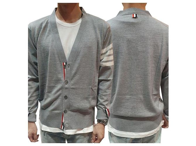 Thom Browne Merinowoll-Cardigan mit diagonalen Streifen in Hellgrau Braun - Ansicht 10