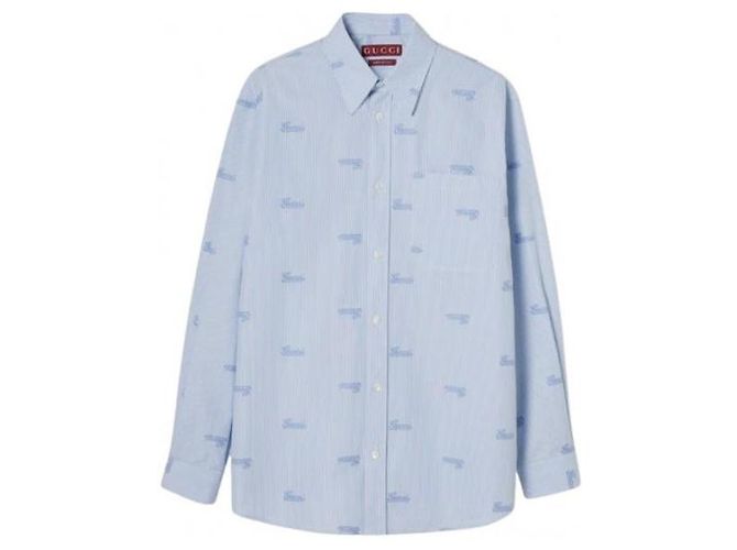 Gucci Camicia in cotone a righe ricamate Blu - vista 4