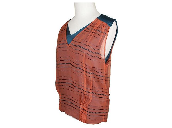 Top sem mangas de seda teal com bolinhas laranja de Dries Van Noten Azul - vista 2
