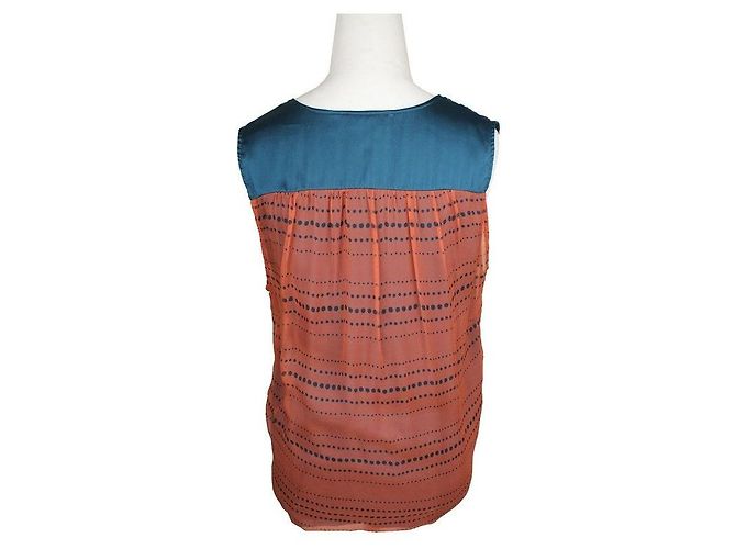 Top sem mangas de seda teal com bolinhas laranja de Dries Van Noten Azul - vista 4