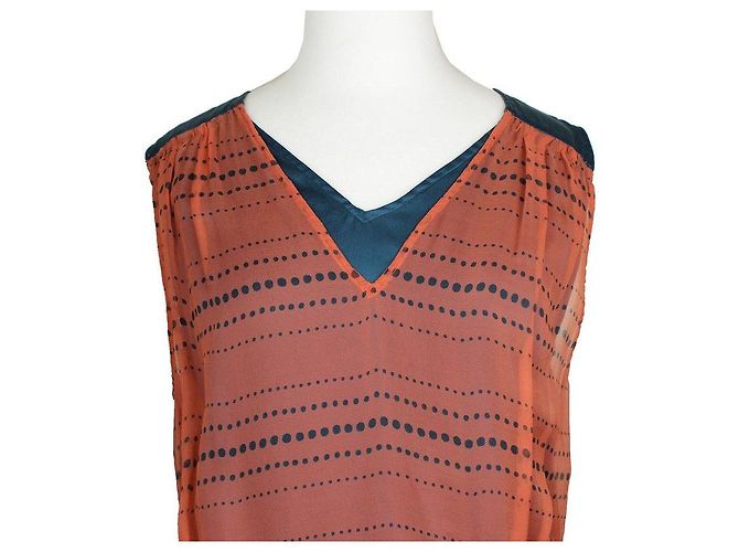 Top sem mangas de seda teal com bolinhas laranja de Dries Van Noten Azul - vista 6