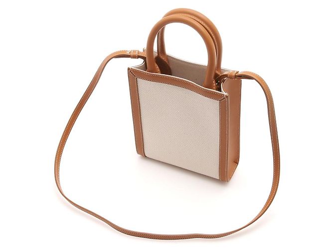 Céline Mini Borsa Cabas in Tela Triomphe e Pelle di Vitello Bianco - vista 3