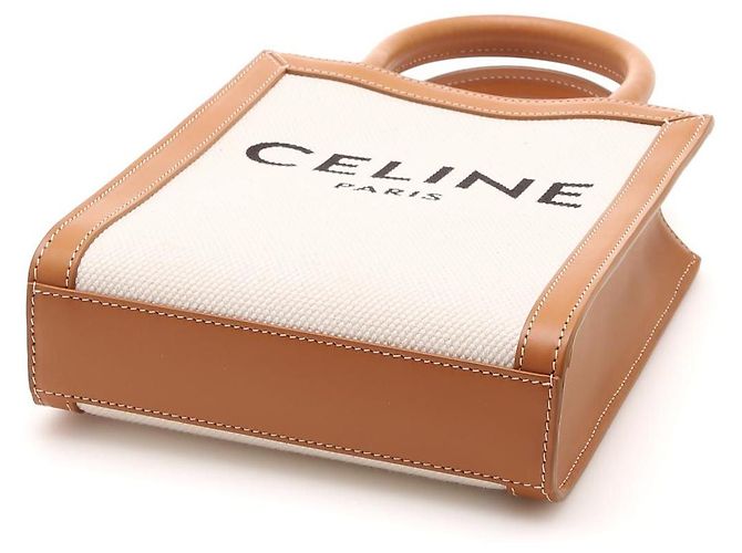 Céline Mini Borsa Cabas in Tela Triomphe e Pelle di Vitello Bianco - vista 4