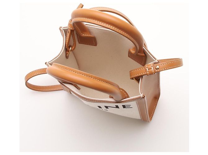 Céline Mini Borsa Cabas in Tela Triomphe e Pelle di Vitello Bianco - vista 5