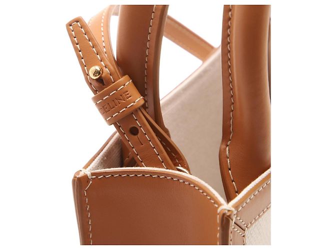 Céline Mini Borsa Cabas in Tela Triomphe e Pelle di Vitello Bianco - vista 6