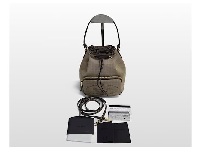 Prada Borsa a secchiello piccola in jacquard con logo Marrone - vista 9