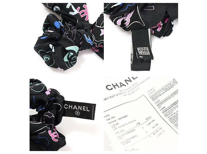 Chanel Scrunchie per capelli in seta nera con motivo logo CC Nero - vista 8
