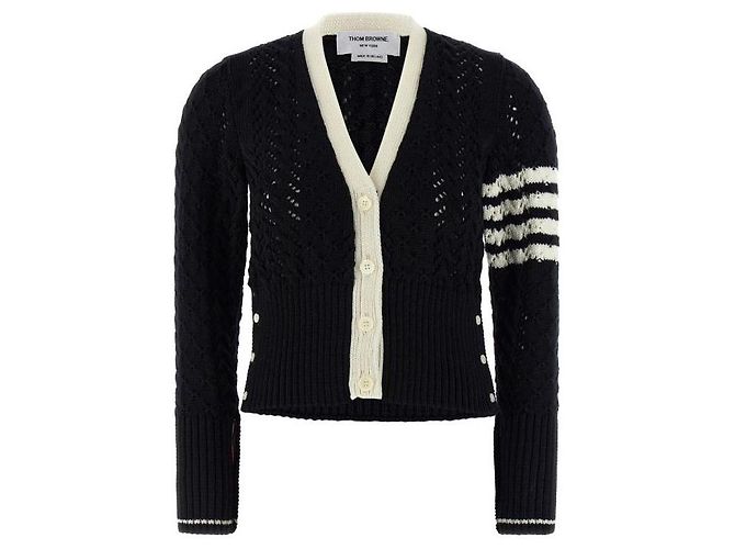 Thom Browne Merinowoll-Cardigan mit Kabelstrickmuster Blau - Ansicht 4