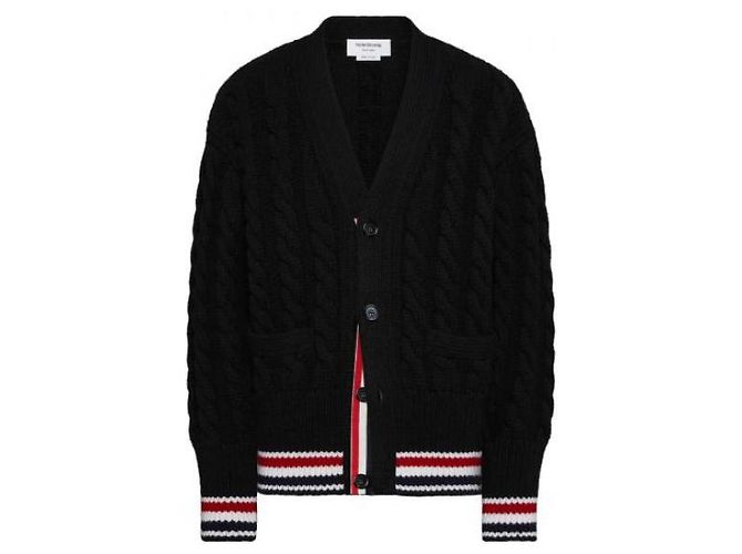 Thom Browne Merino Baby Pullover mit RWB-Streifen und Kabelstrick Schwarz - Ansicht 4