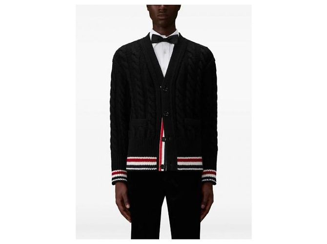 Thom Browne Merino Baby Pullover mit RWB-Streifen und Kabelstrick Schwarz - Ansicht 5