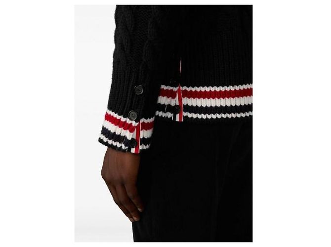 Thom Browne Merino Baby Pullover mit RWB-Streifen und Kabelstrick Schwarz - Ansicht 7