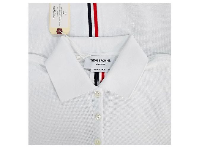 Thom Browne Polo Branco com Listras e Logo Clássico nas Costas - vista 18