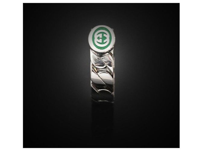 Gucci Verschlungener GG grüner Emaille Silberring Größe - Ansicht 3