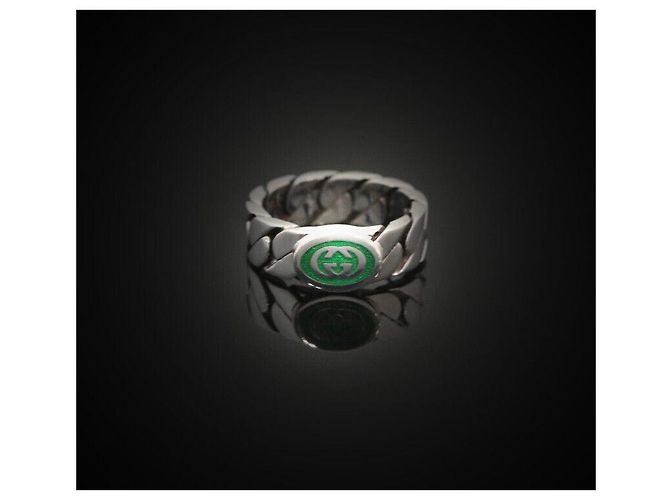 Gucci Verschlungener GG grüner Emaille Silberring Größe - Ansicht 4