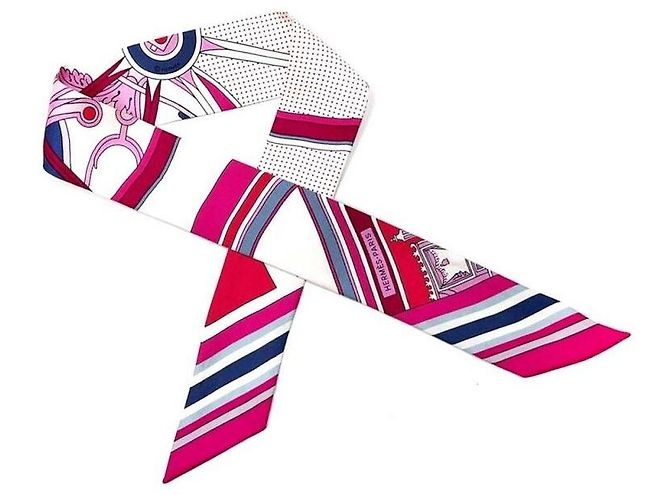 Hermès Bufanda de seda diagonal con puntos rosas Twilly - vista 4