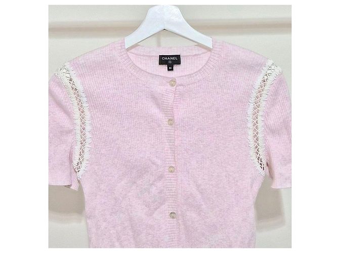 Chanel Cardigã de malha com mangas curtas e acabamento em renda Multicor - vista 4