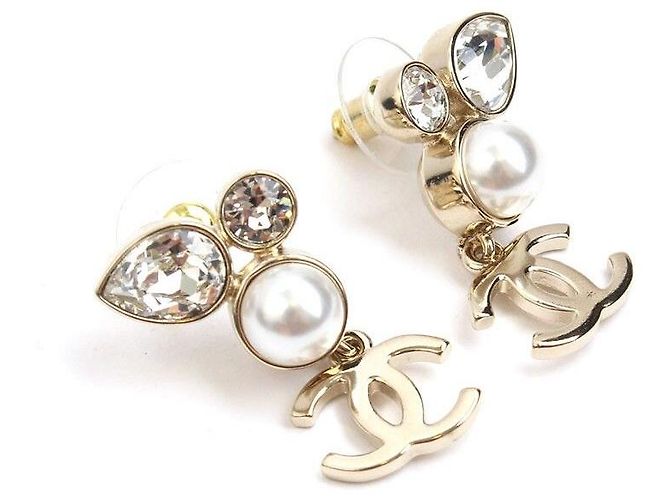 Chanel Champagnergoldene Perlen-Crystal-Ohrstecker vergoldet - Ansicht 2