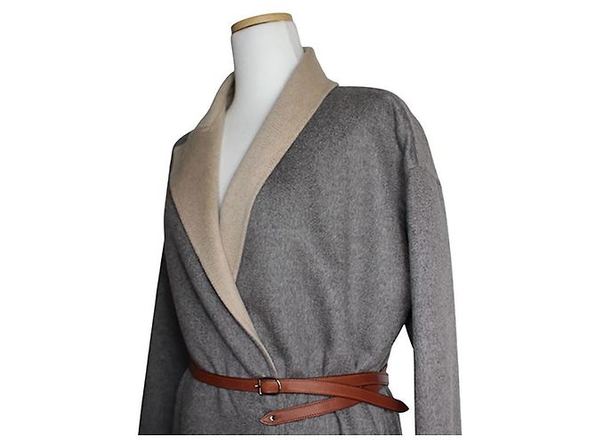 Hermès Abrigo de cachemira gris con cinturón Castaño - vista 4
