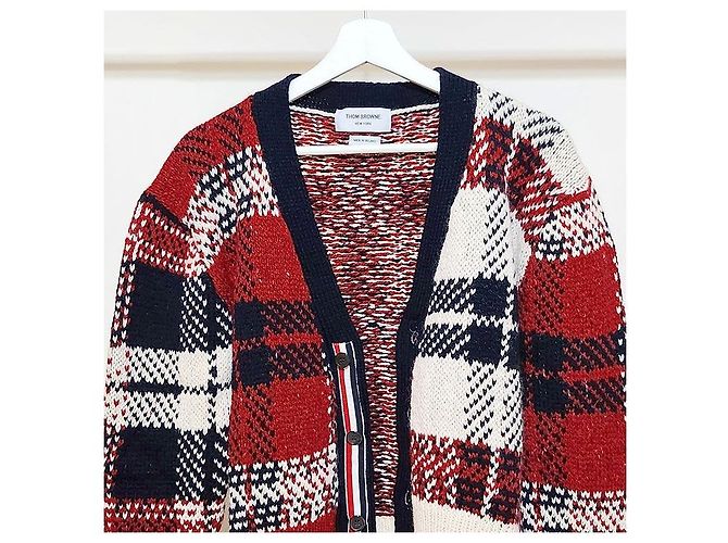 Thom Browne V-Ausschnitt Cardigan mit Donegal-Tartanstreifen Rot - Ansicht 4