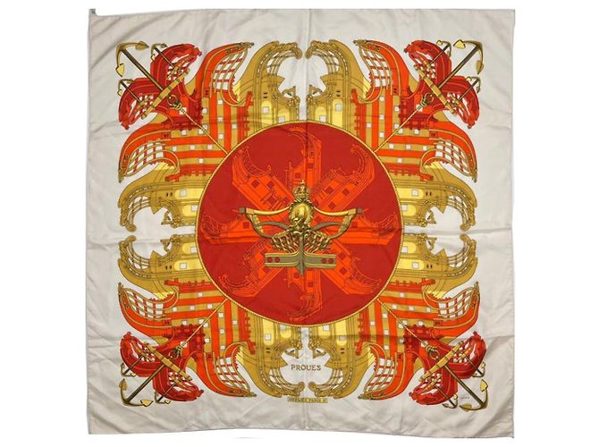 Hermès Sciarpa in seta PROUES Avorio Arancione Bianco - vista 2